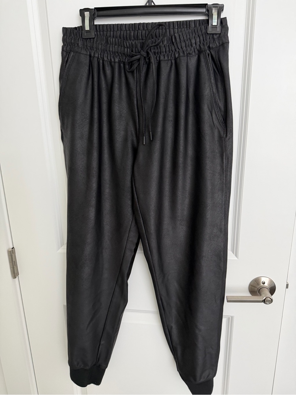 Women’s  Black Faux Leather Jogger Pants - Classic Casual